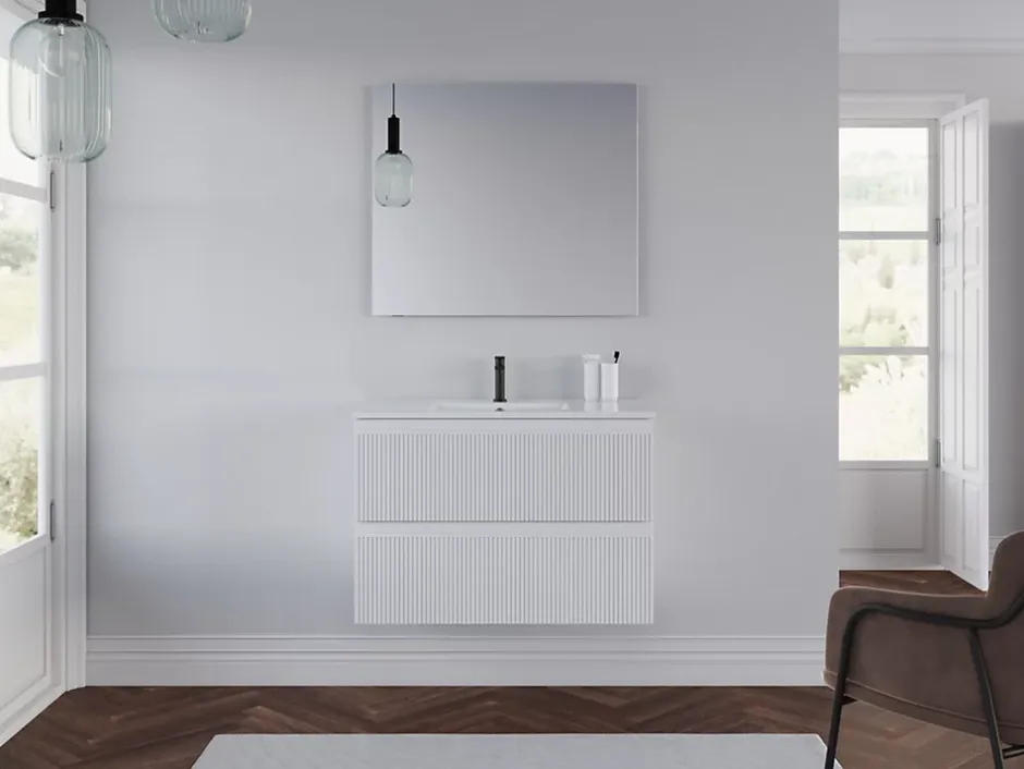 Cosyneo Meuble sous vasque seul, 2 tiroirs, 80cm, simple vasque - blanc mat - RIBERA