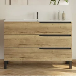 Cosyneo Meuble sous vasque seul, 3 tiroirs, 120cm, simple vasque - madera miel (chêne clair) - MATA