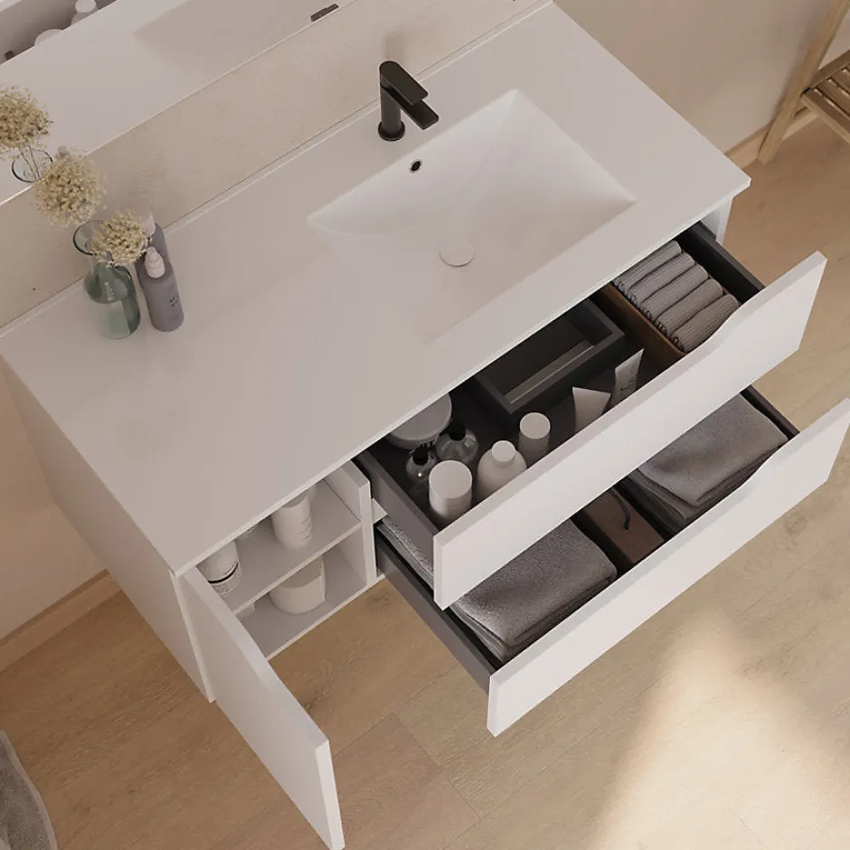 Cosyneo Meuble sous vasque seul, 2 tiroirs et 1 porte, 100cm, vasque déportée droite - blanc mat - ZARZA