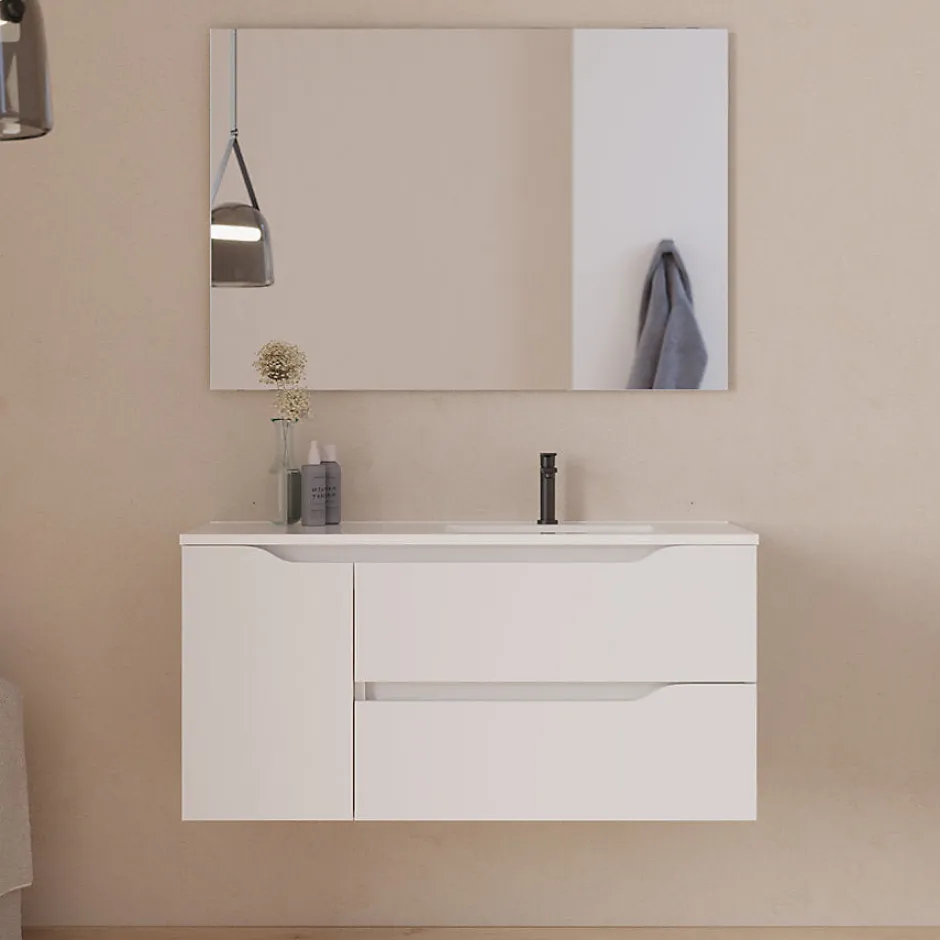 Cosyneo Meuble sous vasque seul, 2 tiroirs et 1 porte, 100cm, vasque déportée droite - blanc mat - ZARZA