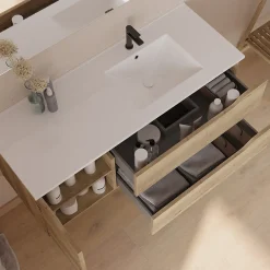 Cosyneo Meuble sous vasque seul, 2 tiroirs et 1 porte, 120cm, vasque déportée droite - madera miel (bois clair) - ZARZA