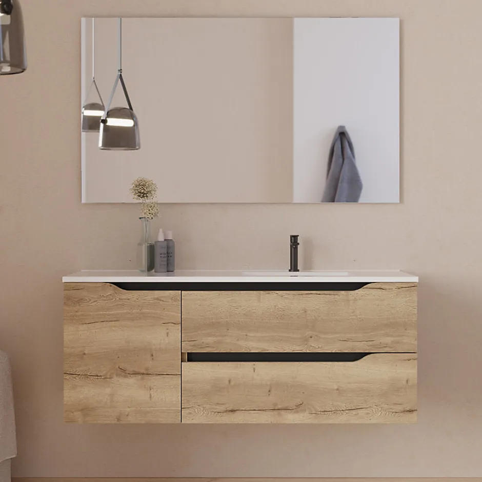 Cosyneo Meuble sous vasque seul, 2 tiroirs et 1 porte, 120cm, vasque déportée droite - madera miel (bois clair) - ZARZA