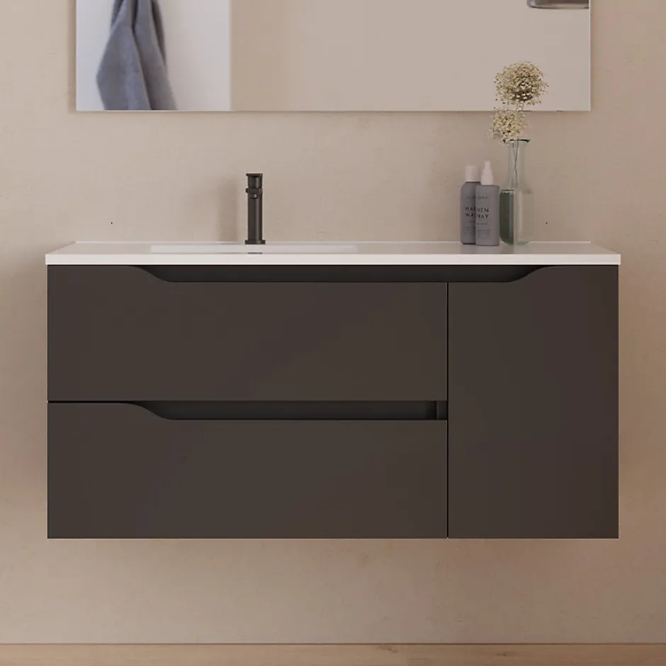 Cosyneo Meuble sous vasque seul, 2 tiroirs et 1 porte, 100cm, vasque déportée gauche - noir - ZARZA