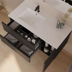 Cosyneo Meuble sous vasque seul, 2 tiroirs et 1 porte, 100cm, vasque déportée gauche - noir - ZARZA