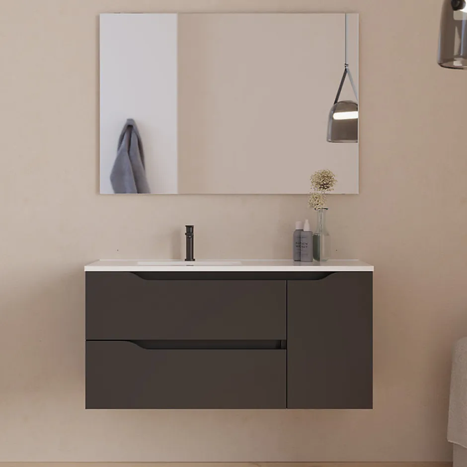 Cosyneo Meuble sous vasque seul, 2 tiroirs et 1 porte, 100cm, vasque déportée gauche - noir - ZARZA