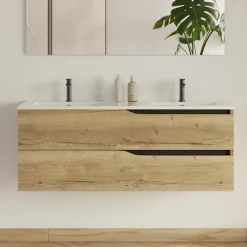 Cosyneo Meuble sous vasque seul, 2 tiroirs, 120cm, double vasque - madera miel (chêne clair) - LUNA