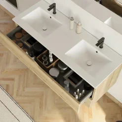 Cosyneo Meuble sous vasque seul, 2 tiroirs, 120cm, double vasque - madera miel (chêne clair) - LUNA