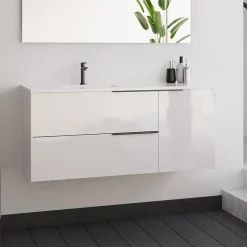 Cosyneo Meuble sous vasque seul, 2 tiroirs et 1 porte, 100cm, vasque déportée à gauche, blanc laqué - KING