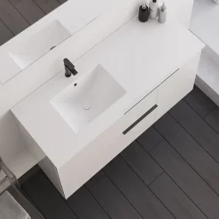 Cosyneo Meuble sous vasque seul, 2 tiroirs et 1 porte, 100cm, vasque déportée à gauche, blanc laqué - KING