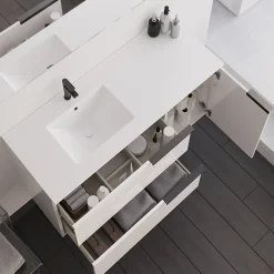 Cosyneo Meuble sous vasque seul, 2 tiroirs et 1 porte, 100cm, vasque déportée à gauche, blanc laqué - KING
