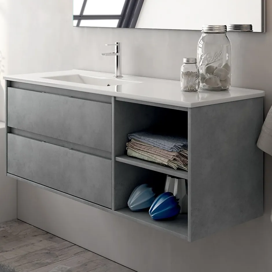 Cosyneo Meuble sous vasque seul, 2 tiroirs et 2 niches, 120cm, vasque déportée à gauche - ciment (gris) - OLYMPE* Meuble Sous Lavabo