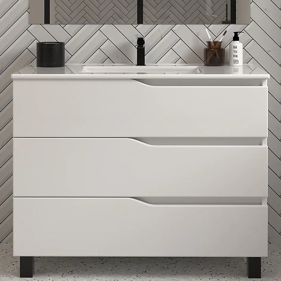 Cosyneo Meuble sous vasque seul, 3 tiroirs, 90cm, simple vasque - blanc mat - MATA