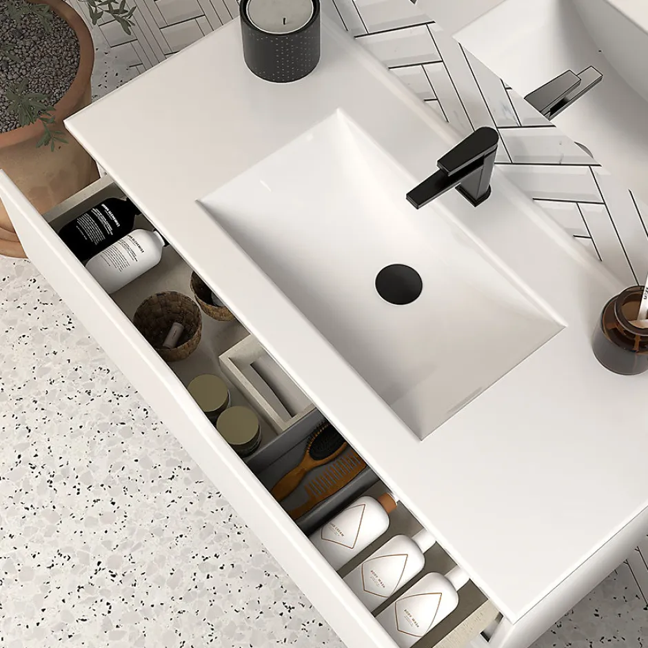 Cosyneo Meuble sous vasque seul, 3 tiroirs, 90cm, simple vasque - blanc mat - MATA