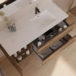 Cosyneo Meuble sous vasque seul, 2 tiroirs et 1 porte, 120cm, vasque déportée droite - tabaco (bois foncé) - ZARZA