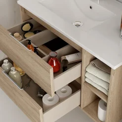 Cosyneo Meuble sous vasque seul, 2 tiroirs et 2 niches, 80cm, vasque déportée à gauche - hibernian (bois blanchi) - OLYMPE* Meuble Sous Lavabo
