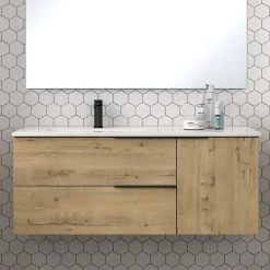 Cosyneo Meuble sous vasque seul, 2 tiroirs et 1 porte, 120cm, vasque déportée à gauche, roble (chêne clair) - KING