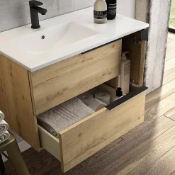 Cosyneo Meuble sous vasque seul, 2 tiroirs et 1 porte, 120cm, vasque déportée à gauche, roble (chêne clair) - KING