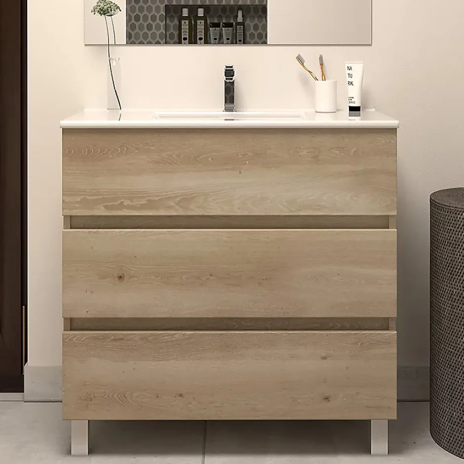 Cosyneo Meuble sous vasque seul, 3 tiroirs, 60cm, simple vasque - nebraska (chêne clair) - MAYOR* Meuble Sous Lavabo