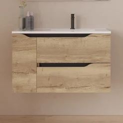 Cosyneo Meuble sous vasque seul, 2 tiroirs et 1 porte, 80cm, vasque déportée droite - madera miel (bois clair) - ZARZA* Meuble Sous Lavabo
