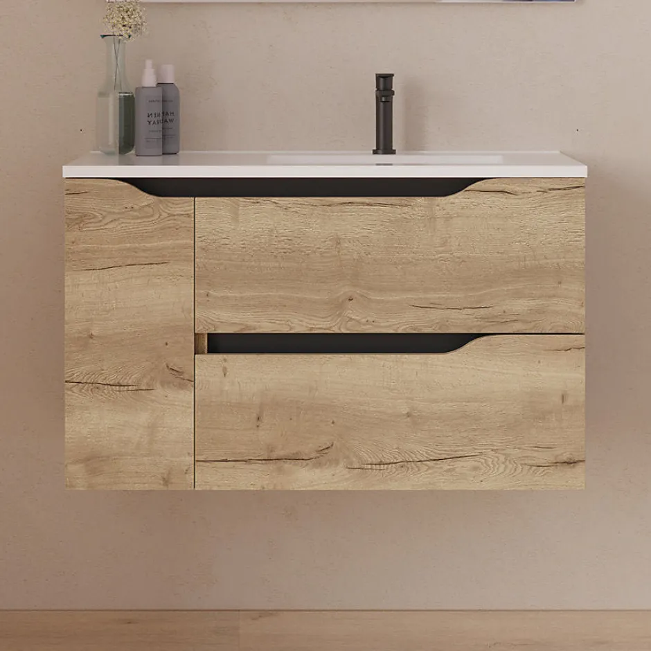 Cosyneo Meuble sous vasque seul, 2 tiroirs et 1 porte, 80cm, vasque déportée droite - madera miel (bois clair) - ZARZA* Meuble Sous Lavabo