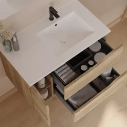 Cosyneo Meuble sous vasque seul, 2 tiroirs et 1 porte, 80cm, vasque déportée droite - madera miel (bois clair) - ZARZA* Meuble Sous Lavabo