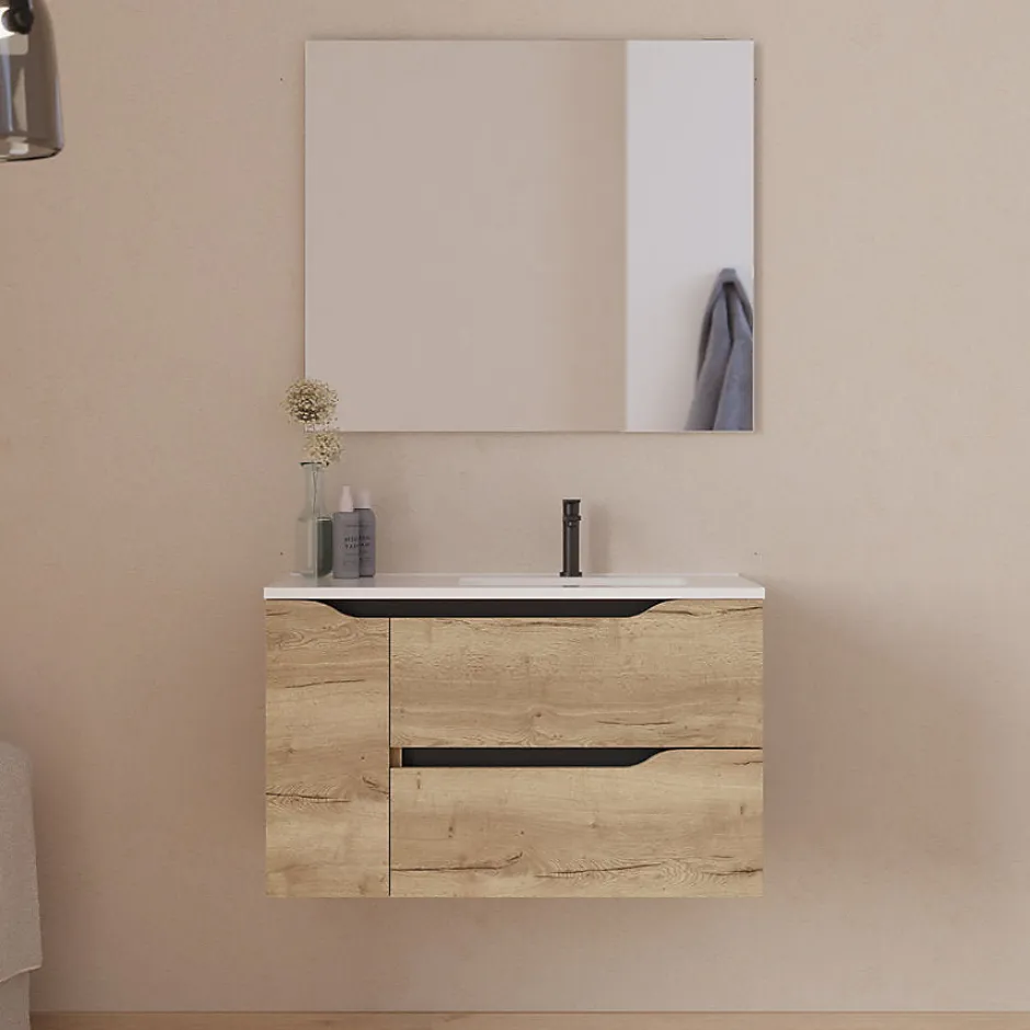Cosyneo Meuble sous vasque seul, 2 tiroirs et 1 porte, 80cm, vasque déportée droite - madera miel (bois clair) - ZARZA* Meuble Sous Lavabo
