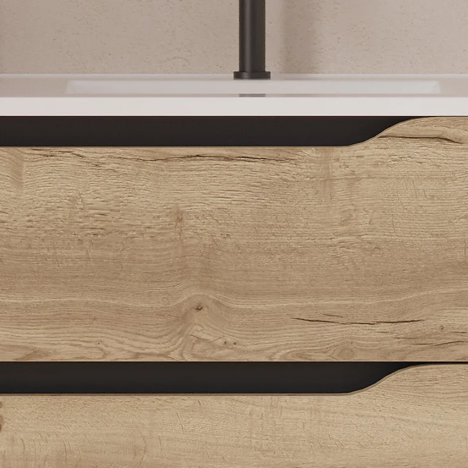 Cosyneo Meuble sous vasque seul, 2 tiroirs et 1 porte, 80cm, vasque déportée droite - madera miel (bois clair) - ZARZA* Meuble Sous Lavabo