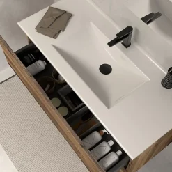 Cosyneo Meuble sous vasque seul, 2 tiroirs, 90cm, simple vasque - tabaco (chêne foncé) - LUNA