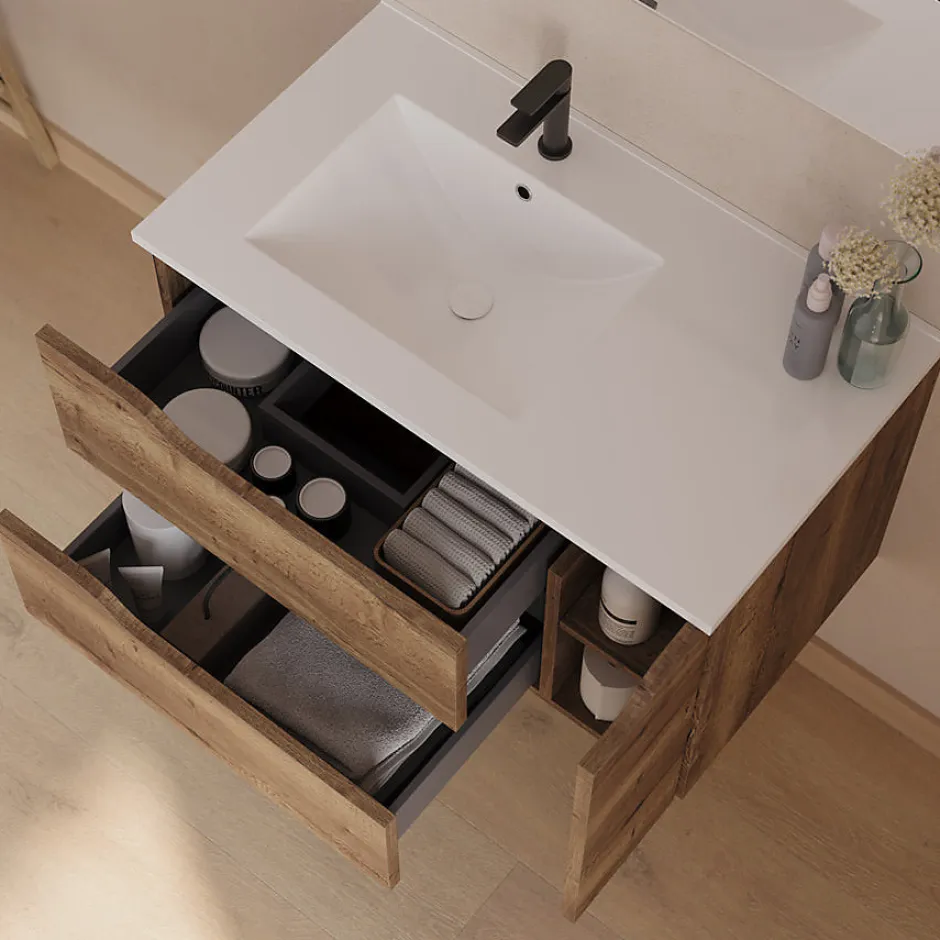 Cosyneo Meuble sous vasque seul, 2 tiroirs et 1 porte, 80cm, vasque déportée gauche - tabaco (bois foncé) - ZARZA