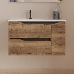 Cosyneo Meuble sous vasque seul, 2 tiroirs et 1 porte, 80cm, vasque déportée gauche - tabaco (bois foncé) - ZARZA