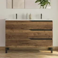 Cosyneo Meuble sous vasque seul, 3 tiroirs, 120cm, double vasque - tabaco (chêne foncé) - MATA* Meuble Sous Lavabo