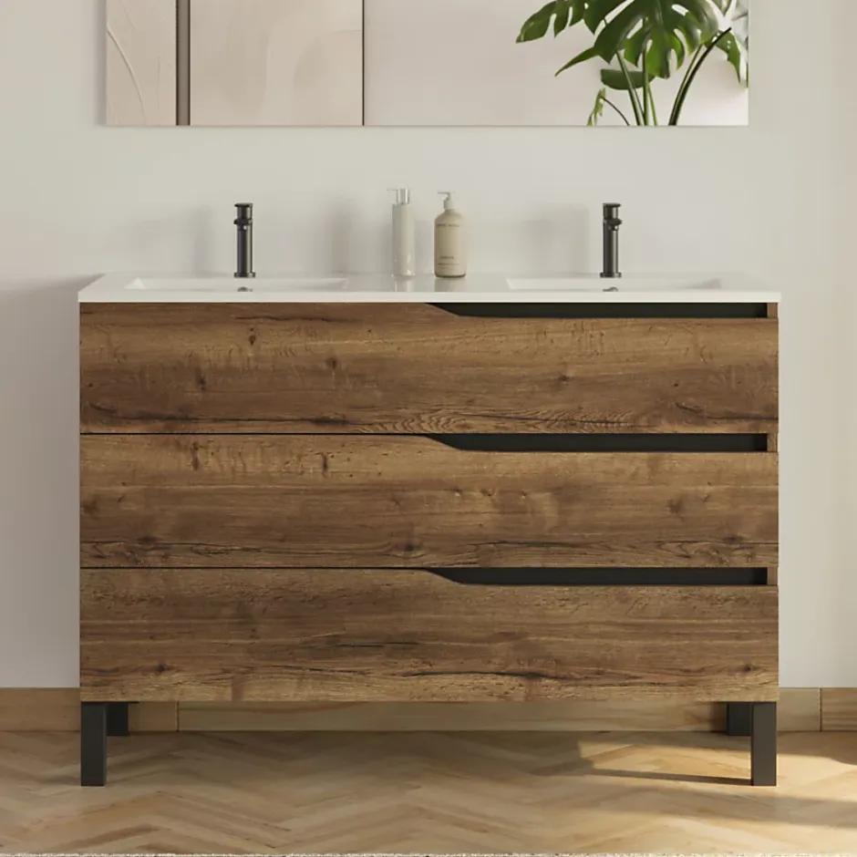 Cosyneo Meuble sous vasque seul, 3 tiroirs, 120cm, double vasque - tabaco (chêne foncé) - MATA* Meuble Sous Lavabo