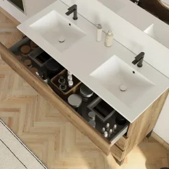 Cosyneo Meuble sous vasque seul, 3 tiroirs, 120cm, double vasque - tabaco (chêne foncé) - MATA* Meuble Sous Lavabo