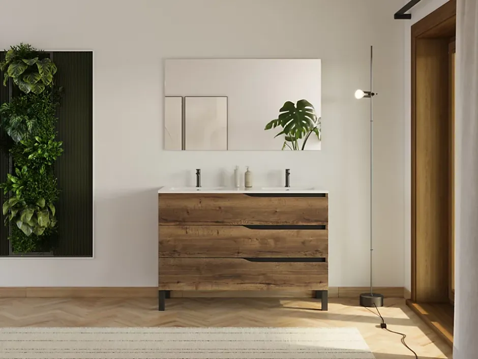 Cosyneo Meuble sous vasque seul, 3 tiroirs, 120cm, double vasque - tabaco (chêne foncé) - MATA* Meuble Sous Lavabo