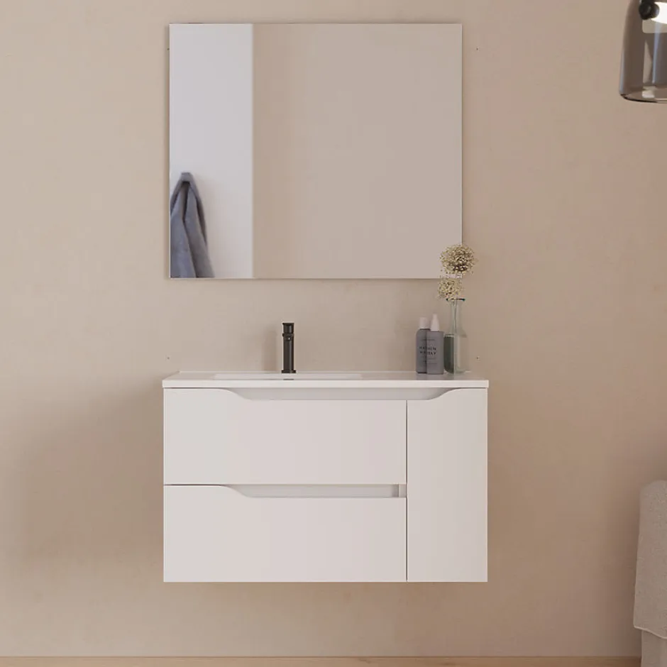 Cosyneo Meuble sous vasque seul, 2 tiroirs et 1 porte, 80cm, vasque déportée gauche - blanc mat - ZARZA* Meuble Sous Lavabo