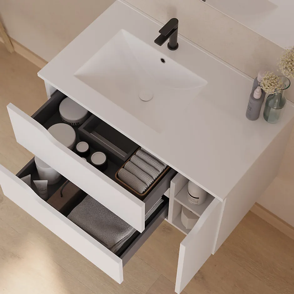 Cosyneo Meuble sous vasque seul, 2 tiroirs et 1 porte, 80cm, vasque déportée gauche - blanc mat - ZARZA* Meuble Sous Lavabo
