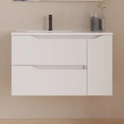 Cosyneo Meuble sous vasque seul, 2 tiroirs et 1 porte, 80cm, vasque déportée gauche - blanc mat - ZARZA* Meuble Sous Lavabo