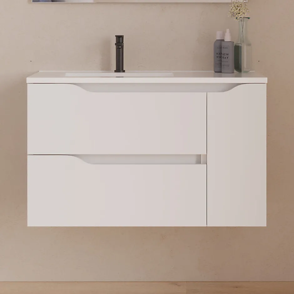 Cosyneo Meuble sous vasque seul, 2 tiroirs et 1 porte, 80cm, vasque déportée gauche - blanc mat - ZARZA* Meuble Sous Lavabo