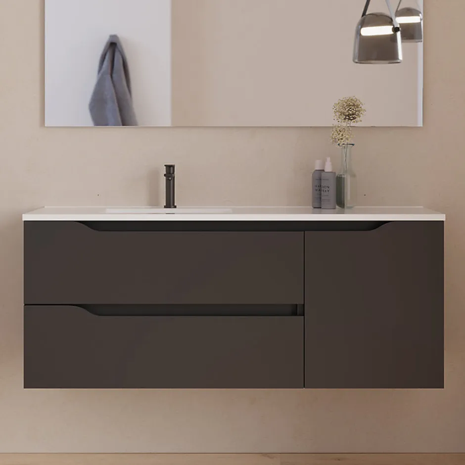 Cosyneo Meuble sous vasque seul, 2 tiroirs et 1 porte, 120cm, vasque déportée gauche - noir - ZARZA