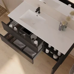 Cosyneo Meuble sous vasque seul, 2 tiroirs et 1 porte, 120cm, vasque déportée gauche - noir - ZARZA
