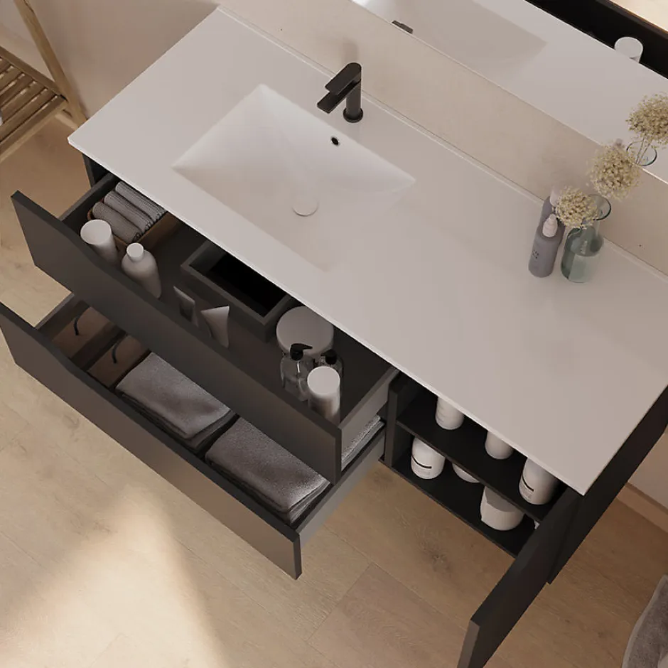 Cosyneo Meuble sous vasque seul, 2 tiroirs et 1 porte, 120cm, vasque déportée gauche - noir - ZARZA
