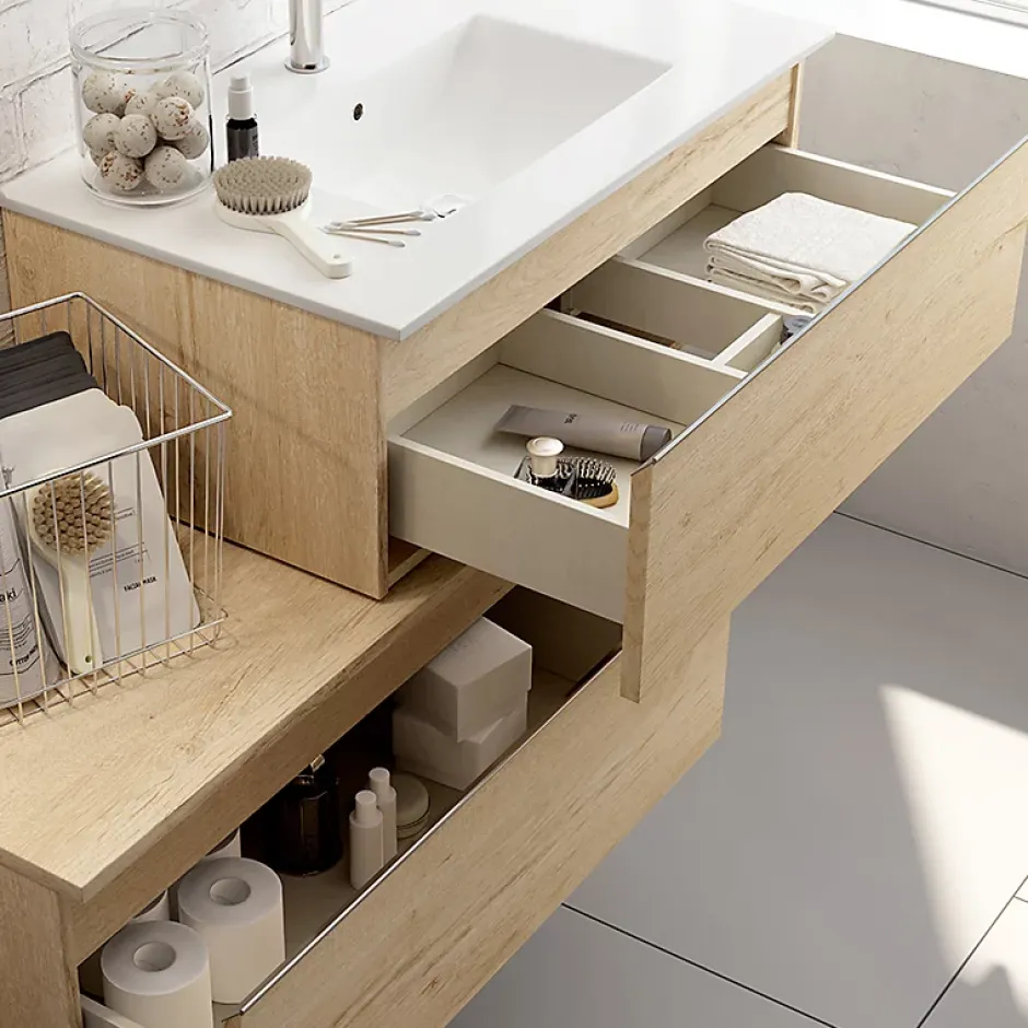 Cosyneo Meuble sous vasque seul, 1 tiroir, 80cm, simple vasque - bambou (chêne clair) - PENA