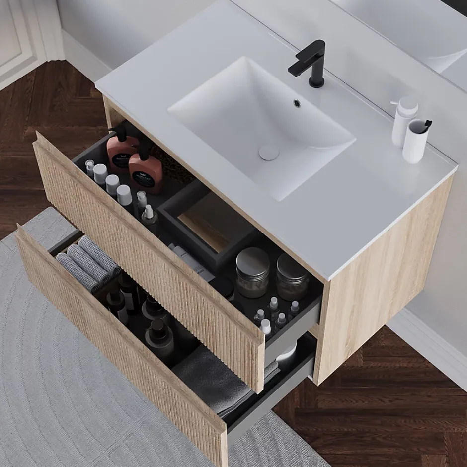 Cosyneo Meuble sous vasque seul, 2 tiroirs, 60cm, simple vasque - cambrian (chêne clair) - RIBERA* Meuble Sous Lavabo