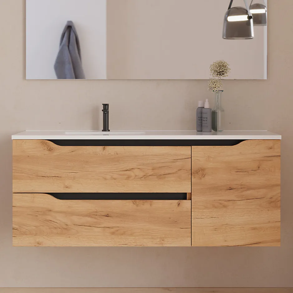 Cosyneo Meuble sous vasque seul, 2 tiroirs et 1 porte, 120cm, vasque déportée gauche - roble (bois clair) - ZARZA* Meuble Sous Lavabo