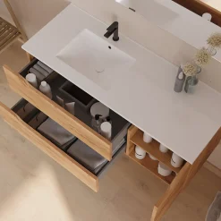 Cosyneo Meuble sous vasque seul, 2 tiroirs et 1 porte, 120cm, vasque déportée gauche - roble (bois clair) - ZARZA* Meuble Sous Lavabo