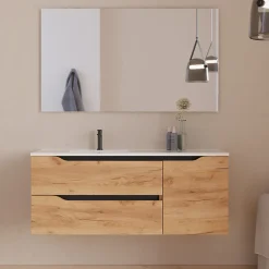 Cosyneo Meuble sous vasque seul, 2 tiroirs et 1 porte, 120cm, vasque déportée gauche - roble (bois clair) - ZARZA* Meuble Sous Lavabo