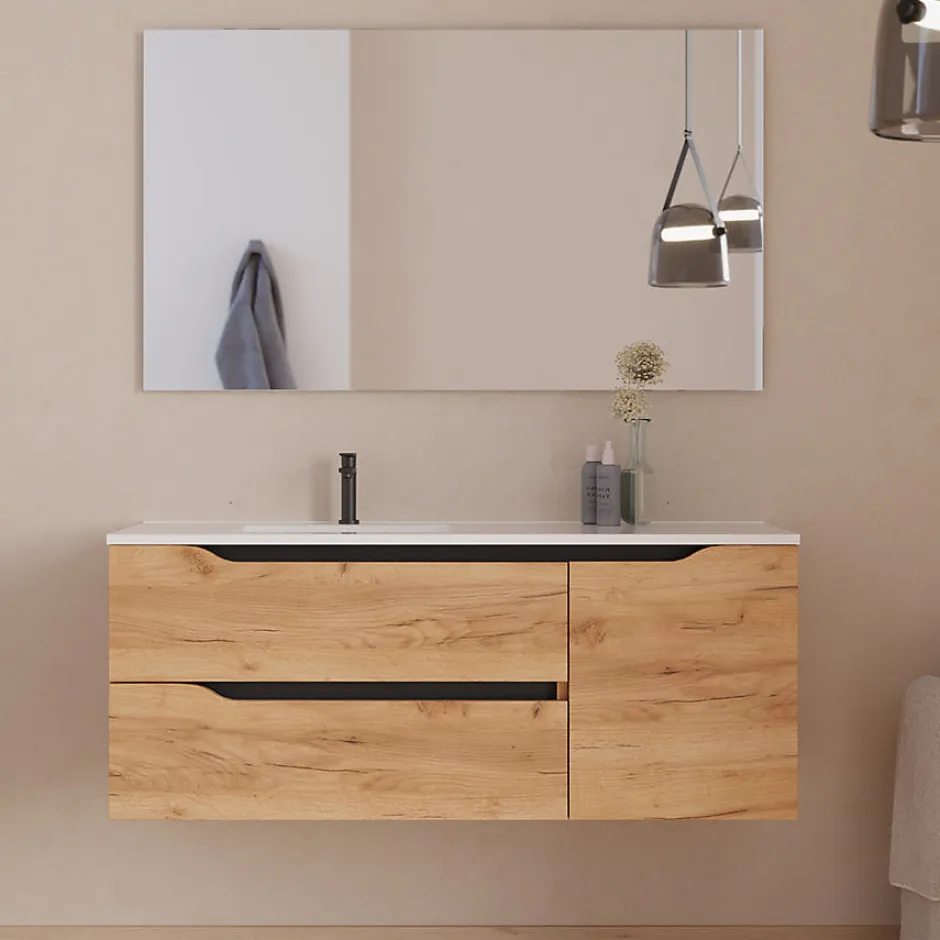 Cosyneo Meuble sous vasque seul, 2 tiroirs et 1 porte, 120cm, vasque déportée gauche - roble (bois clair) - ZARZA* Meuble Sous Lavabo