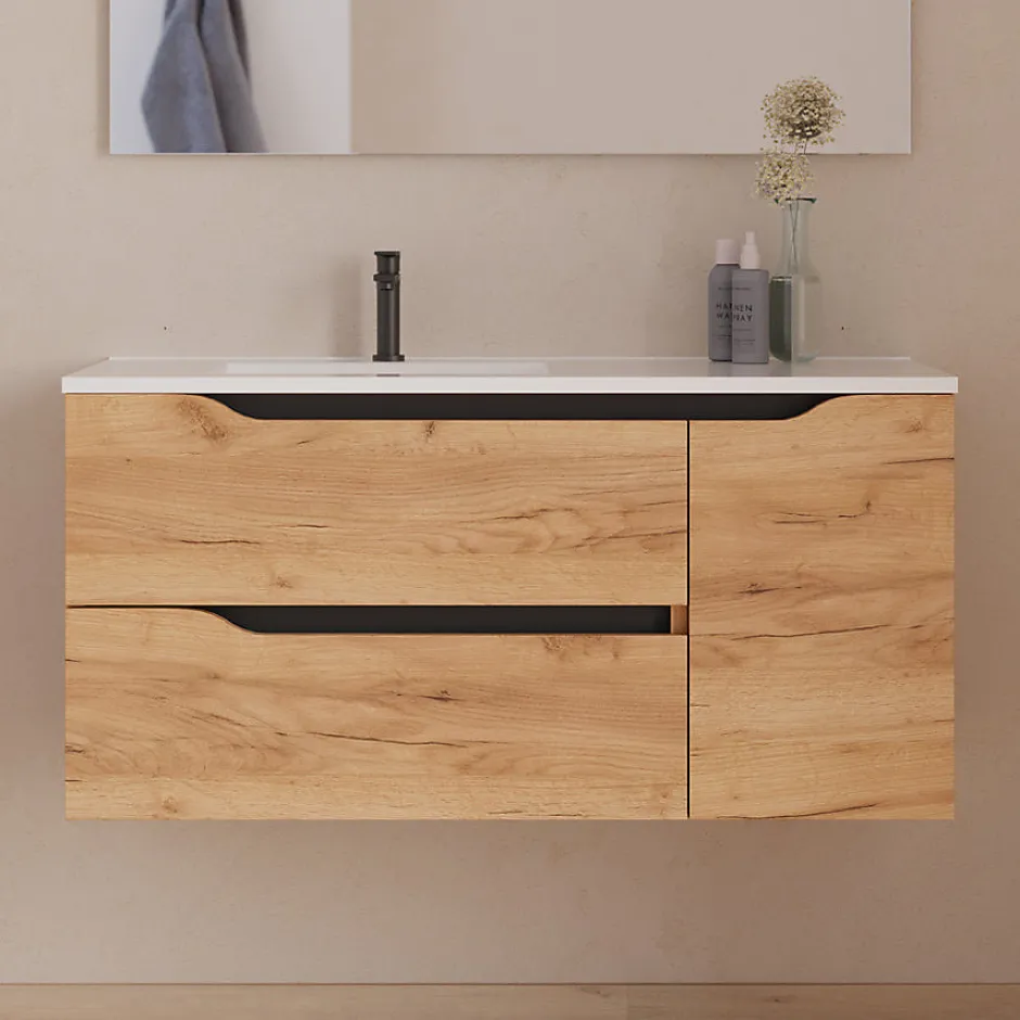 Cosyneo Meuble sous vasque seul, 2 tiroirs et 1 porte, 100cm, vasque déportée gauche - roble (bois clair) - ZARZA