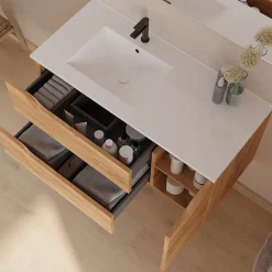 Cosyneo Meuble sous vasque seul, 2 tiroirs et 1 porte, 100cm, vasque déportée gauche - roble (bois clair) - ZARZA