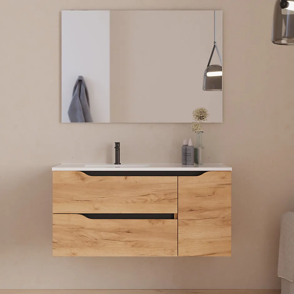 Cosyneo Meuble sous vasque seul, 2 tiroirs et 1 porte, 100cm, vasque déportée gauche - roble (bois clair) - ZARZA